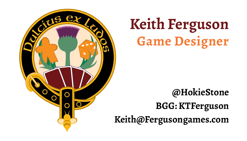Example of front side of Ferguson Games business cards featuring logo and owner Keith Ferguson's name, title, and social media handles.