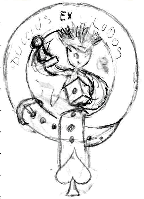 Ferguson sketch 1: A belt with a spade end cap encircles a thistle rolling a die. 'Dulcius ex Ludos' (Sweeter through Games) is written on the belt.