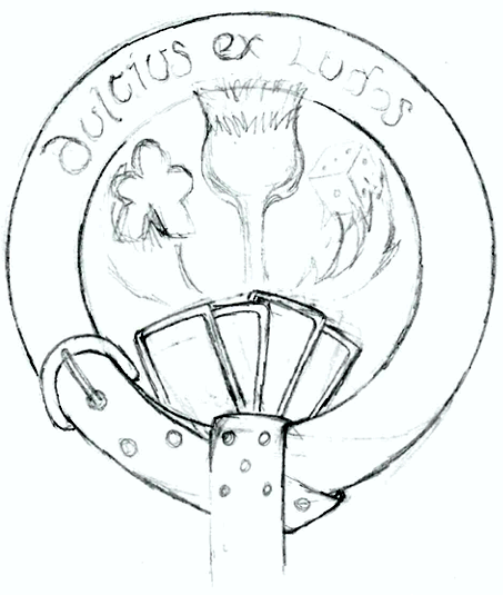 A belt with a bee end cap encircles a thistle holding a game piece and a die. A fan of playing cards is in front of the thistle. 'Dulcius ex Ludos' (Sweeter through Games) is written on the belt.