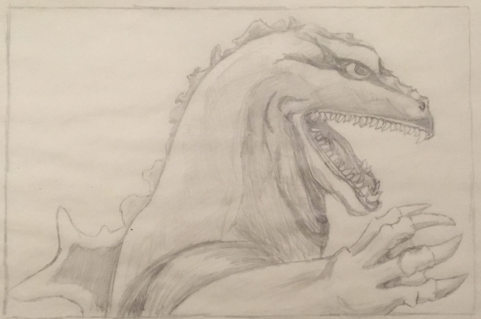 Concept sketch for Godzilla flyover flag illustration.